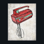 Postal de mezclador eléctrico de mano<br><div class="desc">El Electric Hand Mixer cuenta con una mezcladora de cocina vintage de color rojo con un guarnecido blanco,  acuático y negro sobre un fondo blanco angustiado.</div>