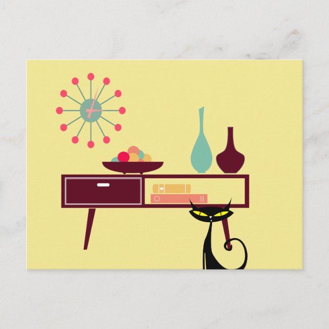 Postal de muebles de reloj de gato de la era atómi (Anverso)