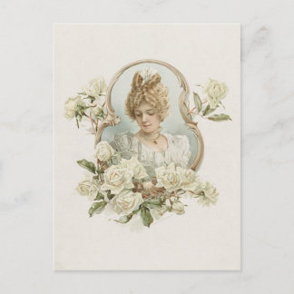 Postal de mujer con rosas blancas