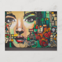 Postal de mujer viendo bicicletas azules (Suiza)