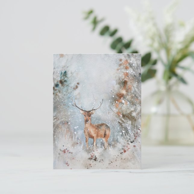 Postal de Navidades de venado de color agua (Anverso de pie)