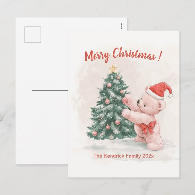 Postal de Navidades retro de osito rosado (Anverso / Reverso)