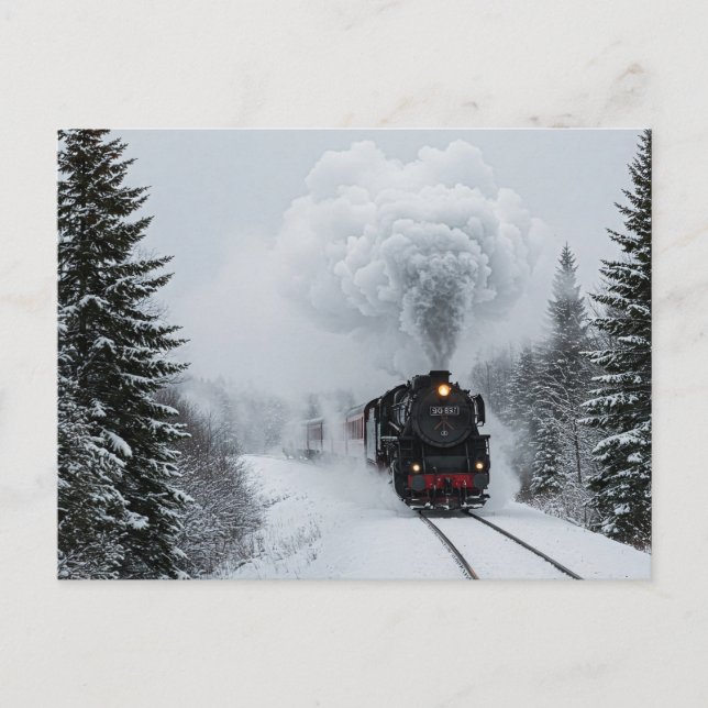 Postal de nieve de invierno del tren de vapor retr (Anverso)