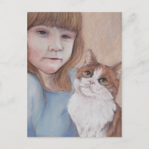Postal de Niña Pequeña con Gato Calico