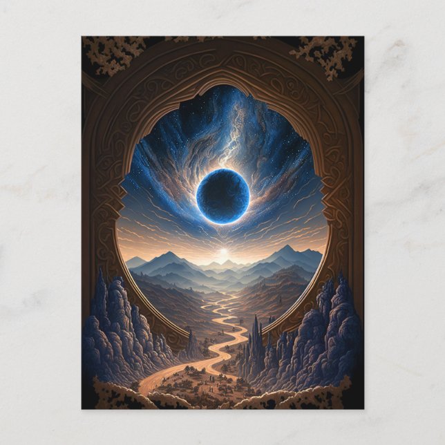 Postal de paisaje espacial de fantasía cósmica (Anverso)