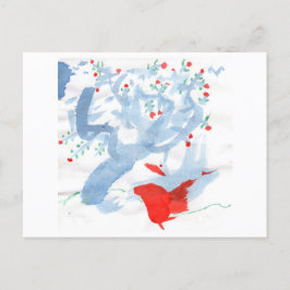Postal de pájaro rojo y árbol rojo