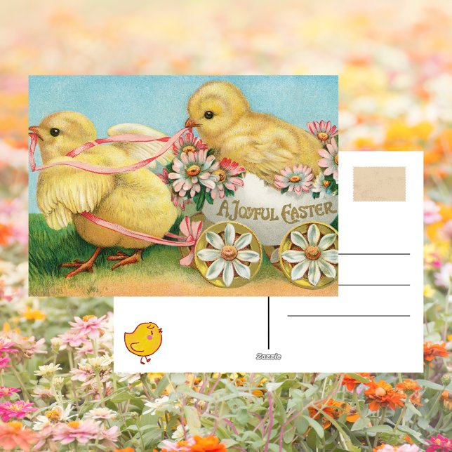Postal de Pascua Jugosa con Floral de Chick Cute V (Vintage Retro Cute Chick Chickens Bunny Eggs Floral Happy Joyful Easter Greetings Postcard)