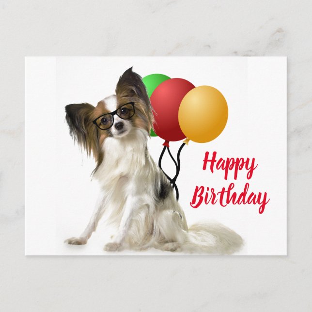 Postal de perro de Papillon con saludo de cumpleañ (Anverso)