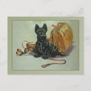 Postal de perro escocés de viaje vintage