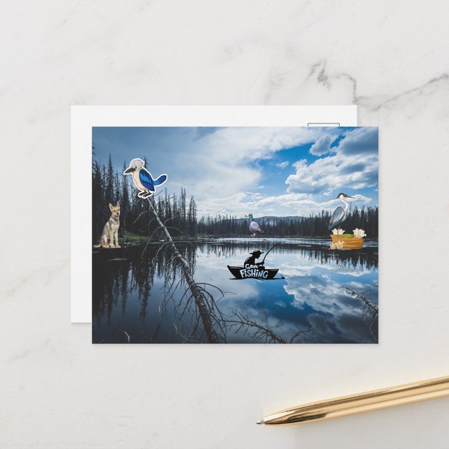 Postal De pesca  (A serene lake surrounded by burnt trees under a dramatic sky. )