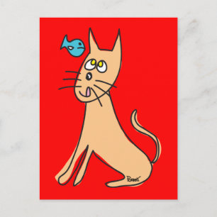 Postal de pescado y gato