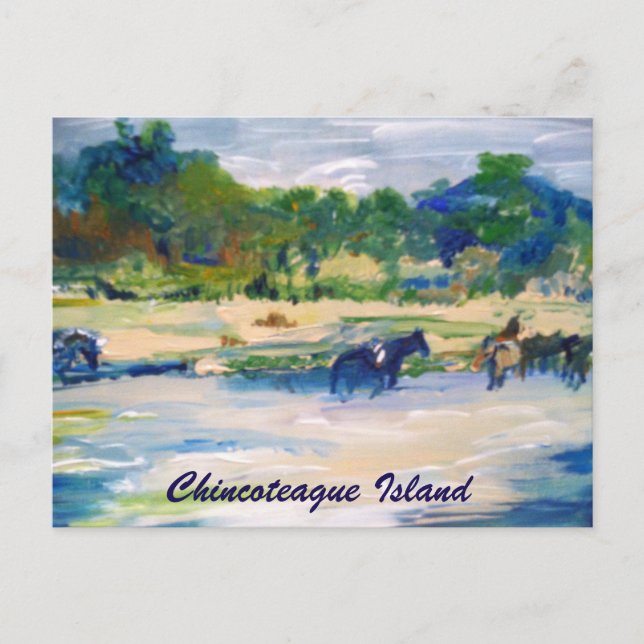 Postal de pintura de caballos de Chincoteague Isla (Anverso)
