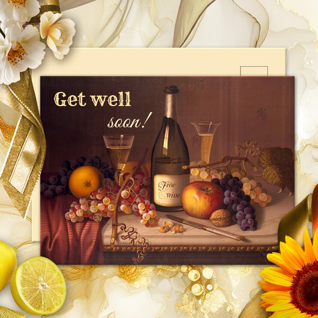Postal de pintura de vino de época (Get well soon vintage postcard featuring a still life painting with wine and fruits)