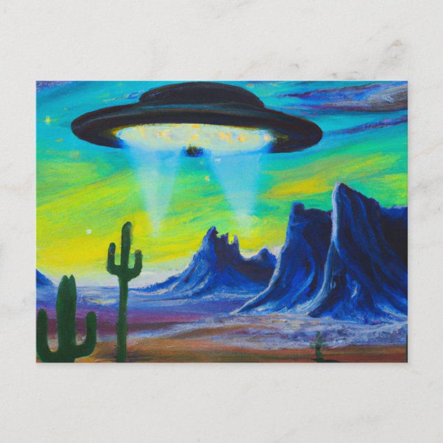 Postal de pintura del desierto del Saucer Volador  (Anverso)