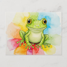 Postal de rana con arcoiris en flor para poscruce