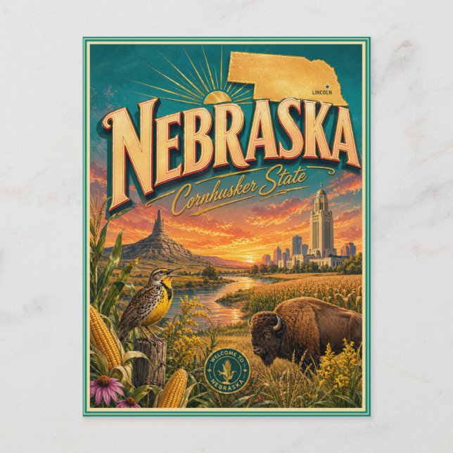 Postal de recuerdo de viaje retro de Nebraska (Anverso)