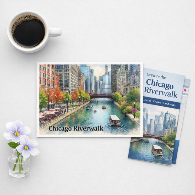 Postal de Río de la Ciudad de Chicago Illinois (Chicago Riverwalk postcard urban charm, autumn color, and skyline magic in every detail)