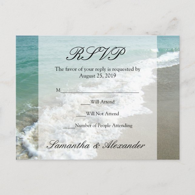 Postal de RSVP de boda de destino de playa panorám (Anverso)