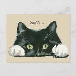 postal de saludo de gato blanco y negro lindo