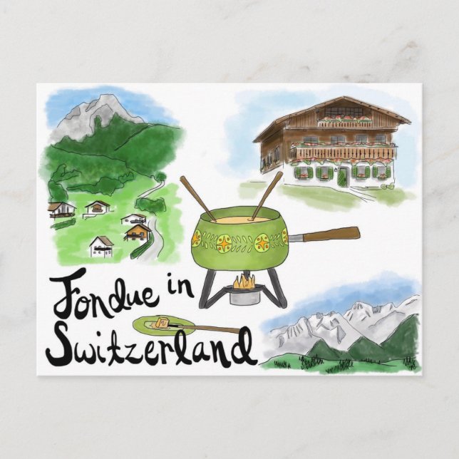 Postal de sketch de viajes: Fondue en Suiza (Anverso)