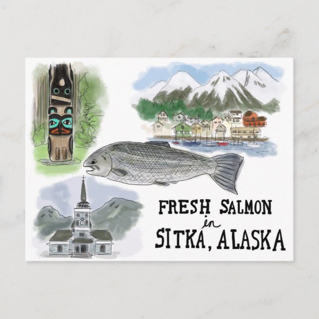 Postal de sketch de viajes: Salmon en Sitka, Alask (Anverso)