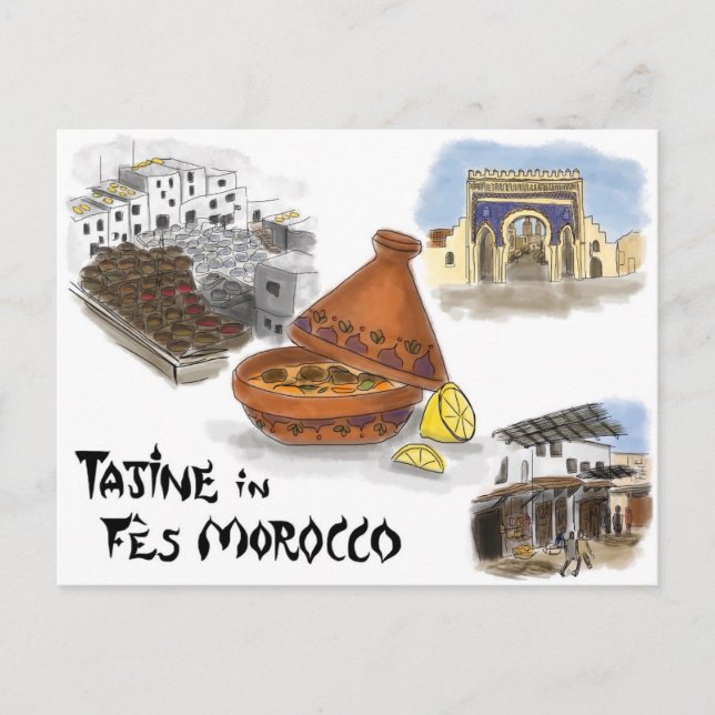 Postal de sketch de viajes: Tajine en Fez, Marruec (Anverso)