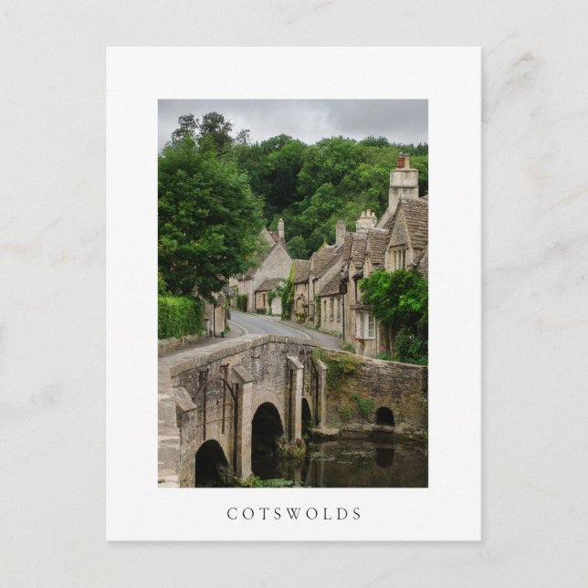 postal de texto blanco de Costwolds town Castle Co (Anverso)