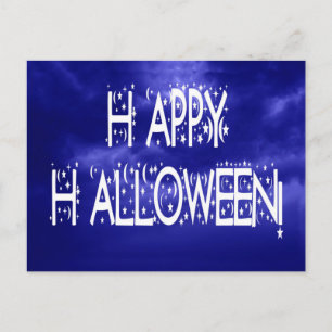 Postal de texto de Feliz Halloween en azul nocturn
