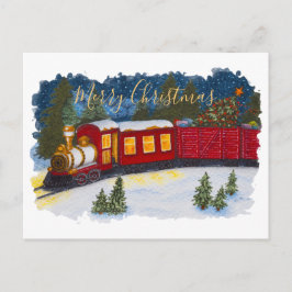 Postal de tren de vapor rojo vintage mágico navida