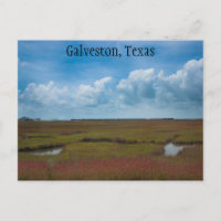 Postal de tren y marismas en Galveston, Texas
