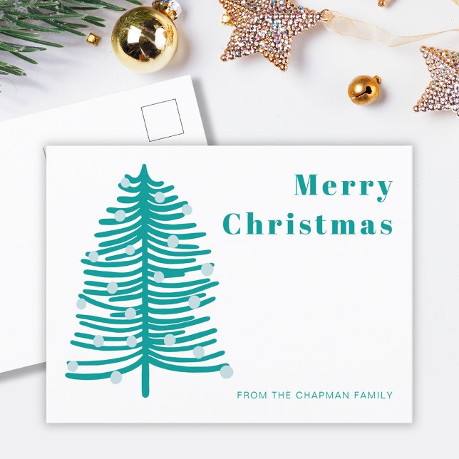 Postal de vacaciones de la familia Woodland Christ (Personalized family holiday Christmas tree postcard.  Customize with your own Holiday text)