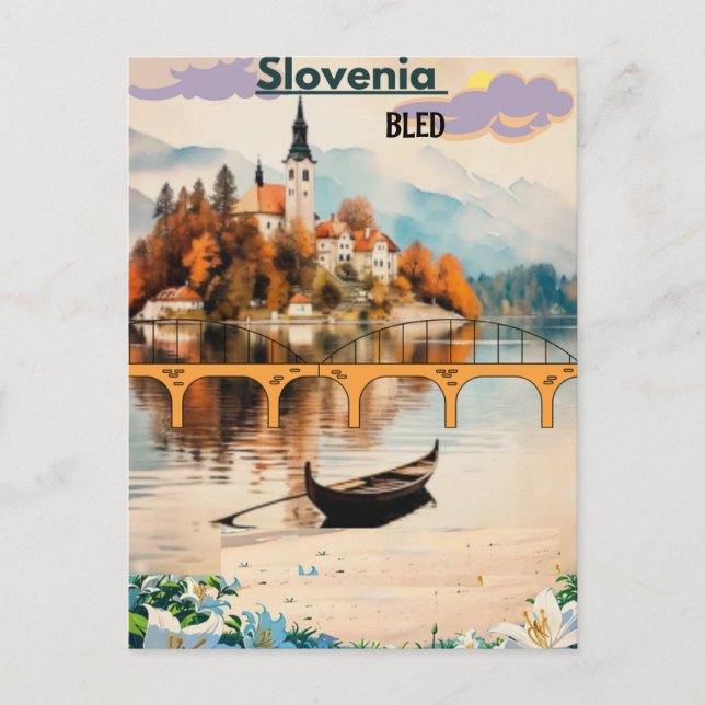Postal de viaje Bled Eslovenia Arte, Blue Bled (Anverso)