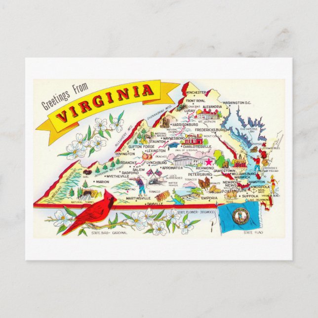 Postal de viaje del mapa de Virginia (Anverso)