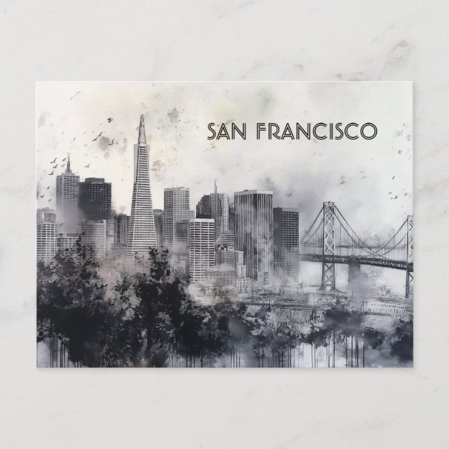 Postal de viaje en blanco y negro de San Francisco (Anverso)