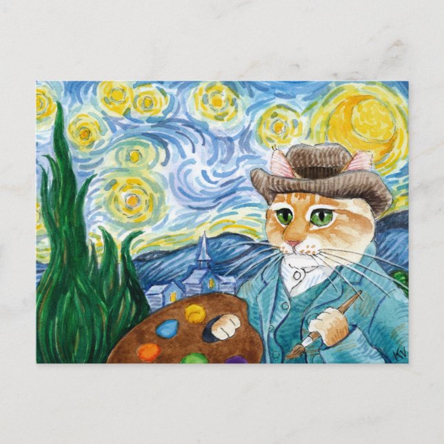 postal de Vincent Van Gogh Starry Night cat (Anverso)