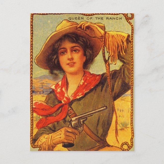 Postal de Vintage Cowgirl "Reina del rancho" (Anverso)