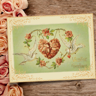 Postal de vintage floral y palomas