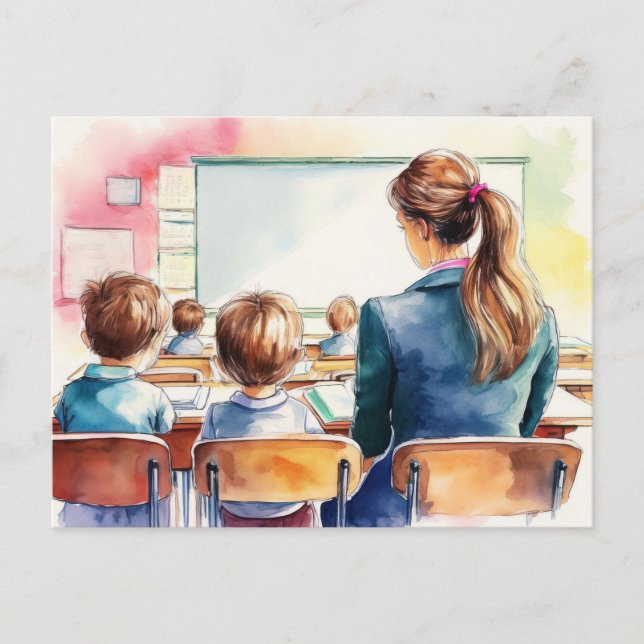 Postal De vuelta a la escuela niños con profesor (Anverso)