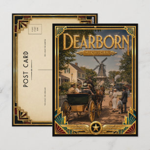 Postal Dearborn Michigan Arte Vintage Deco Dorado Edad