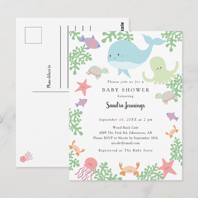 Postal Debajo del mar, Baby Shower cute Pastel Kawaii (Anverso / Reverso)