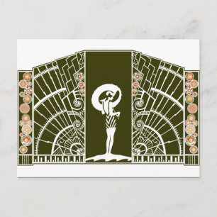 Postal Deco costero en olivo y Naranja