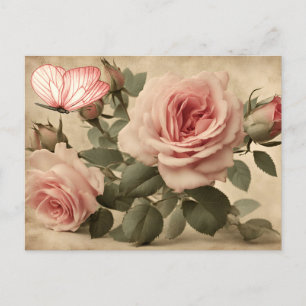 Postal Decoración de mariposa y rosas rosadas de época