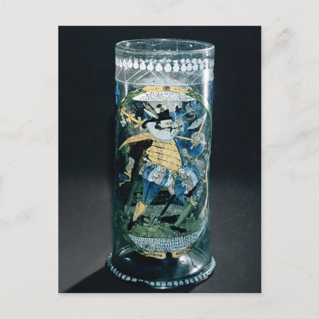 Postal Decoración esmaltada de una cazadora y una mujer (Anverso)