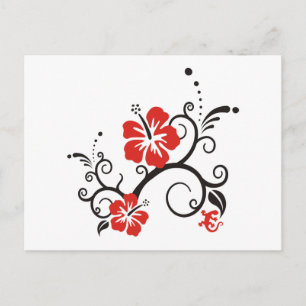 Postal Decoración hibiscus en negro y rojo