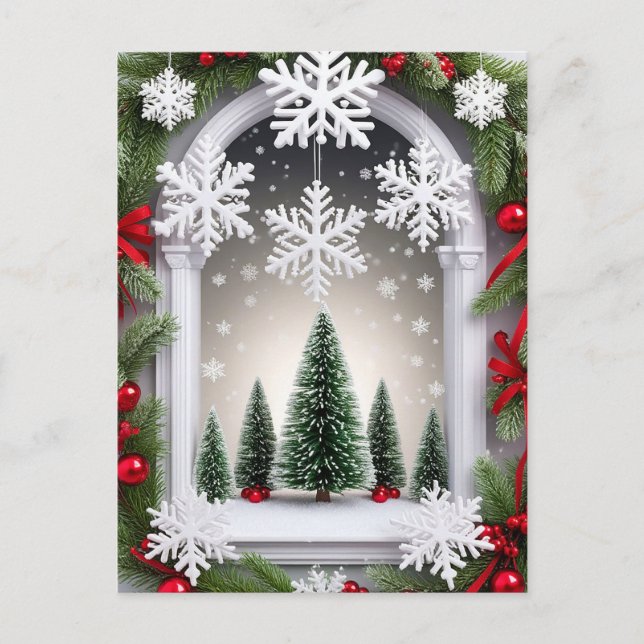 Postal ❄️ Decoraciones Rojas de Navidad de Pino con Venta (Anverso)