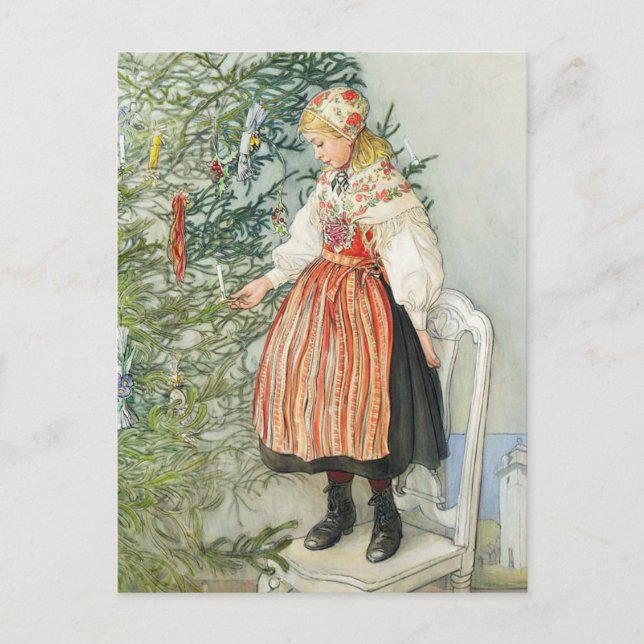 Postal Decorando el árbol de Navidad - Carl Larsson (Anverso)