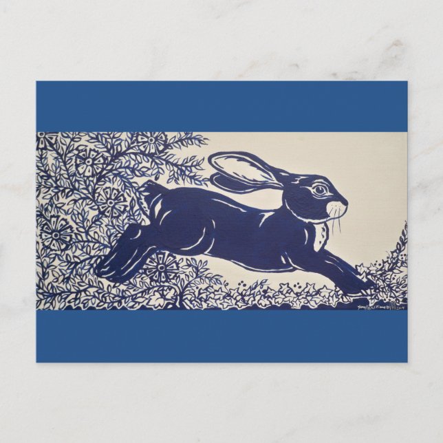 Postal Dedham Blue Rabbit, Vintage Blue & White Design (Anverso)