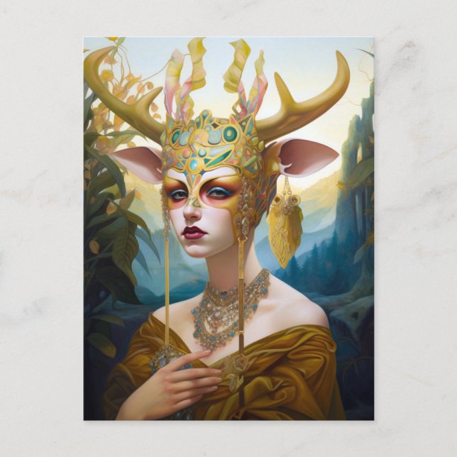 Postal Deer Antler Crown Mask Fantasy Art Postcard (Anverso)