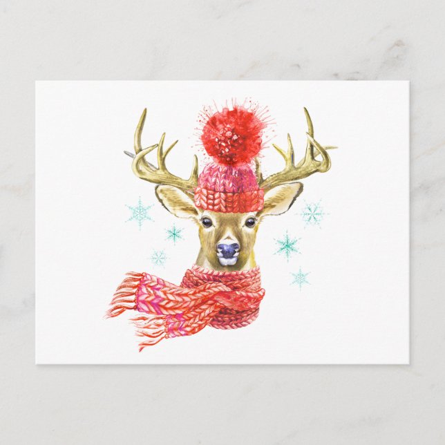 Postal Deer de invierno de acuarela Adorable (Anverso)