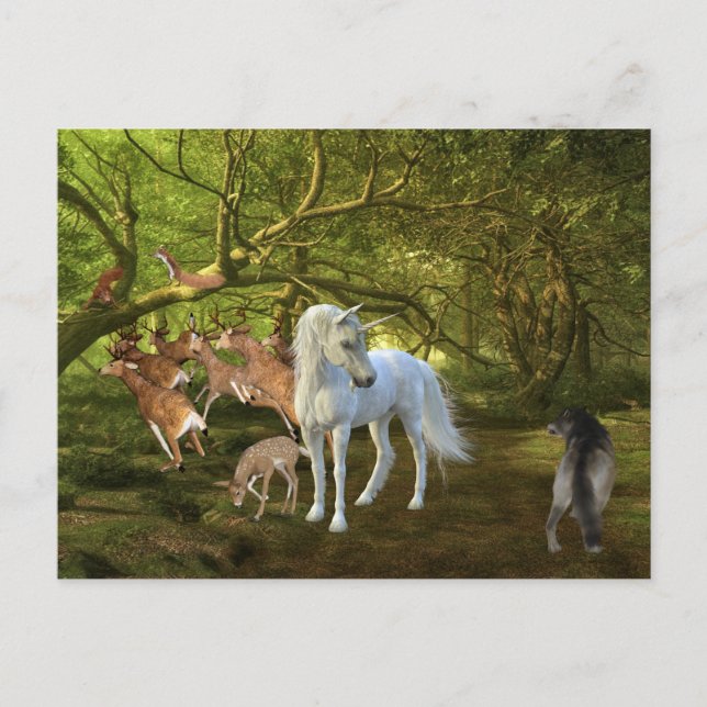 Postal Defensor del bosque de unicornios ciervo lobo (Anverso)